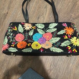 Santi Vibrant Floral Embroidered Black Shoulder Bag